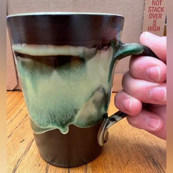 Handcrafted artisan pottery mug - brown and more lime green colors - holds @ 1.6 - Picture 8 of 9
